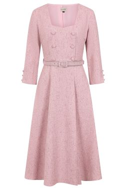 Robe rose poudre tweed texture col carre boutons recouverts ceinture Banned vintage 50s