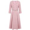 Robe rose poudre tweed texture col carre boutons recouverts ceinture Banned vintage 50s