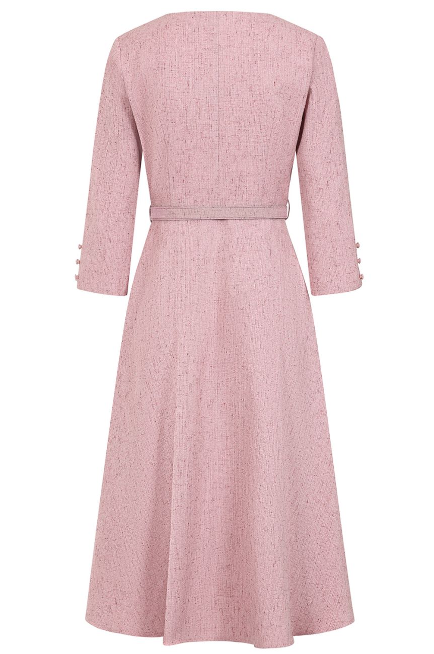 Dos robe rose poudre tweed manches 3/4 boutons poignets ceinture fine Banned retro chic