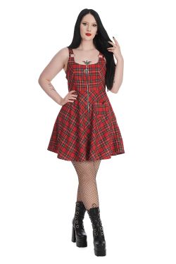 Robe tartan rouge ecossais zip frontal pendentif poche coeur jupe swing Banned rockabilly