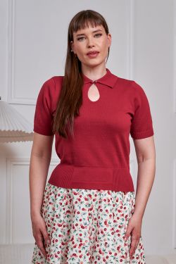 Top maille rouge cerise col polo keyhole bouton bijou manches courtes Banned pin-up vintage