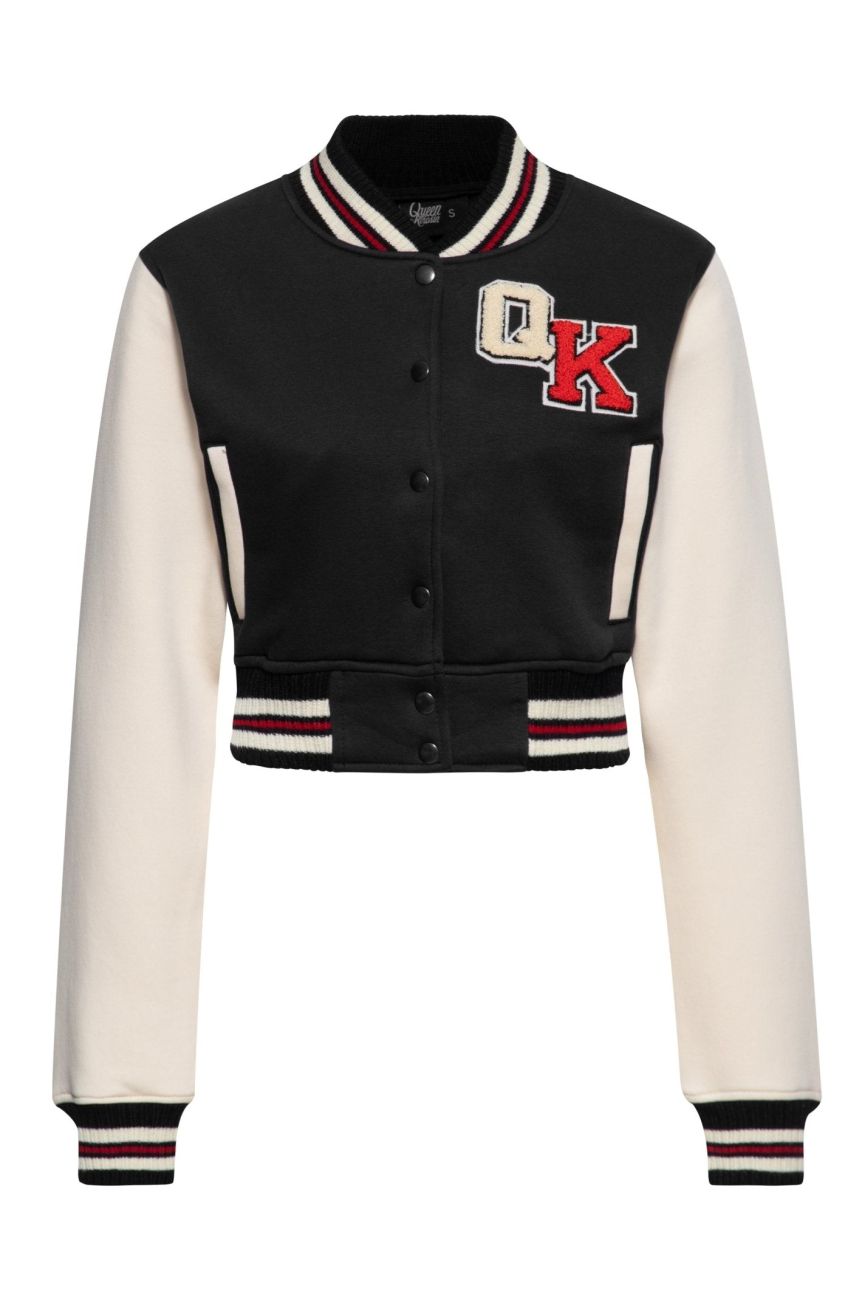 Veste college crop noire ecru chatte pin-up rebellious bandes tricolores Queen Kerosin