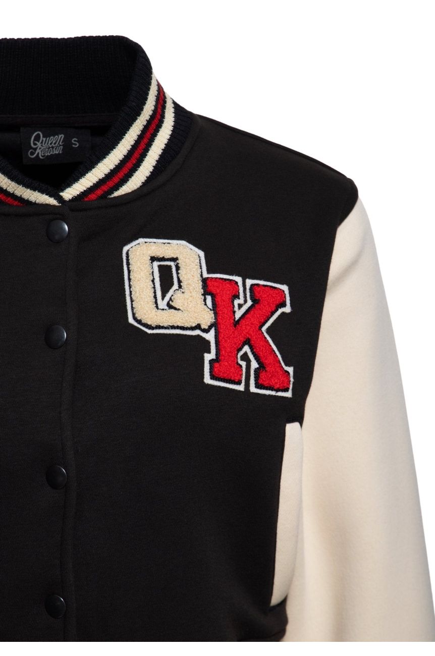 Veste teddy baseball noire manches ecru broderie dos chatte pin-up rockabilly Queen Kerosin
