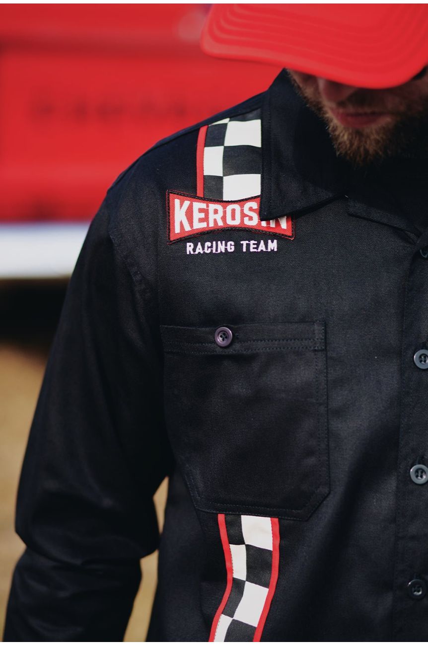 Chemise rockabilly homme noire racing damier patch dos bougie style annees 50 King Kerosin