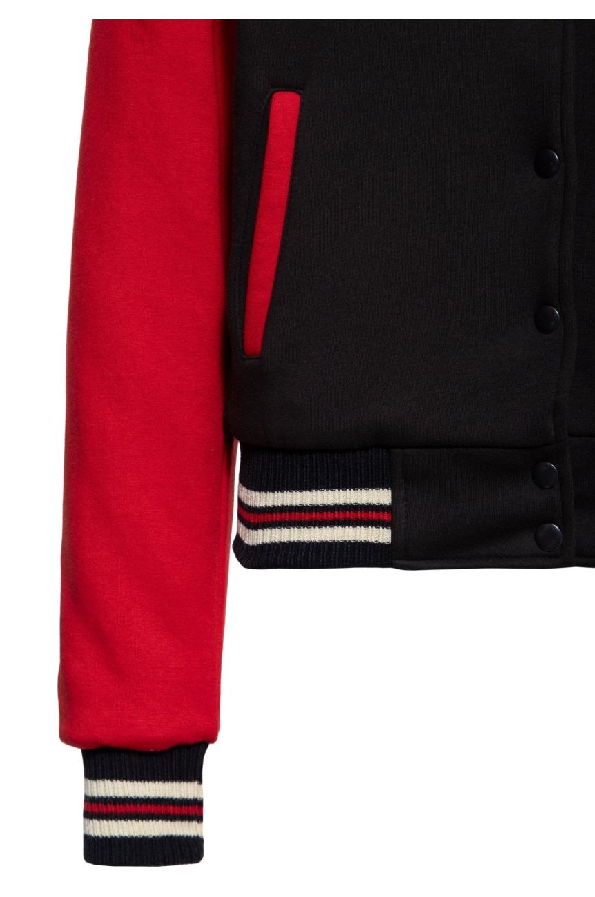 Veste rockabilly femme noire rouge patch QK bouclette bandes tricolores style vintage 50s