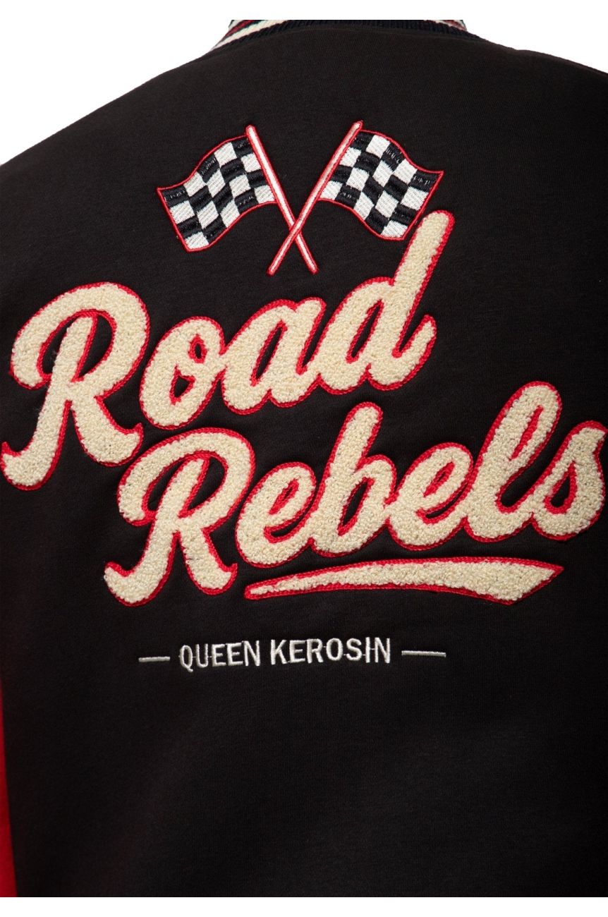 Dos veste college noire rouge broderie Road Rebels Queen Kerosin drapeaux course custom