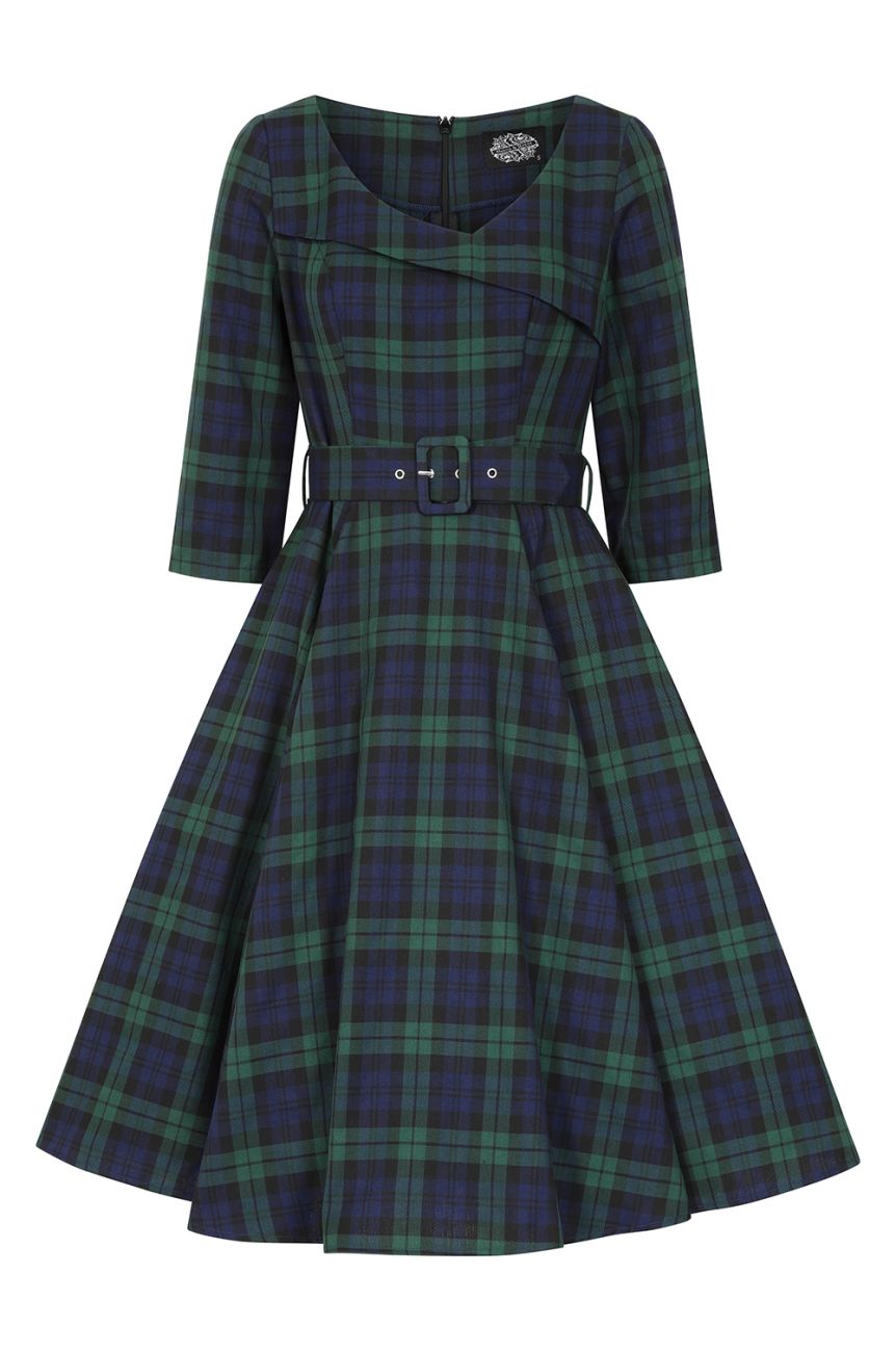 Robe ceremonie automne tartan vert marine swing manches 3/4 ceinture vintage Hearts Roses