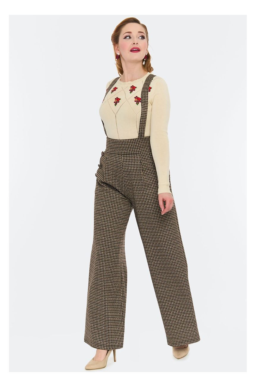 Pantalon vintage femme pied-de-poule large palazzo bretelles dos croises style annees 40