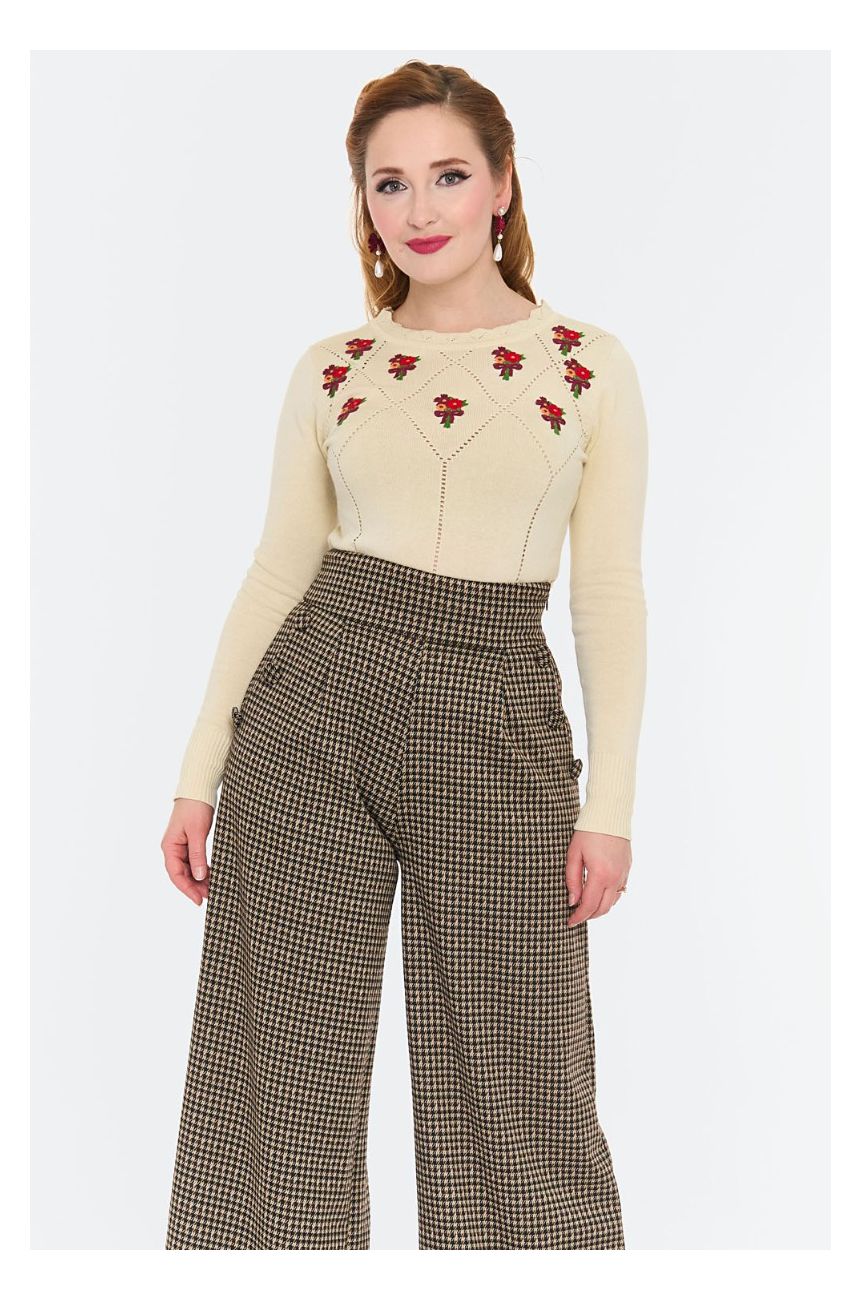 Pantalon rockabilly pied-de-poule brun palazzo jambes larges bretelles style vintage 40s